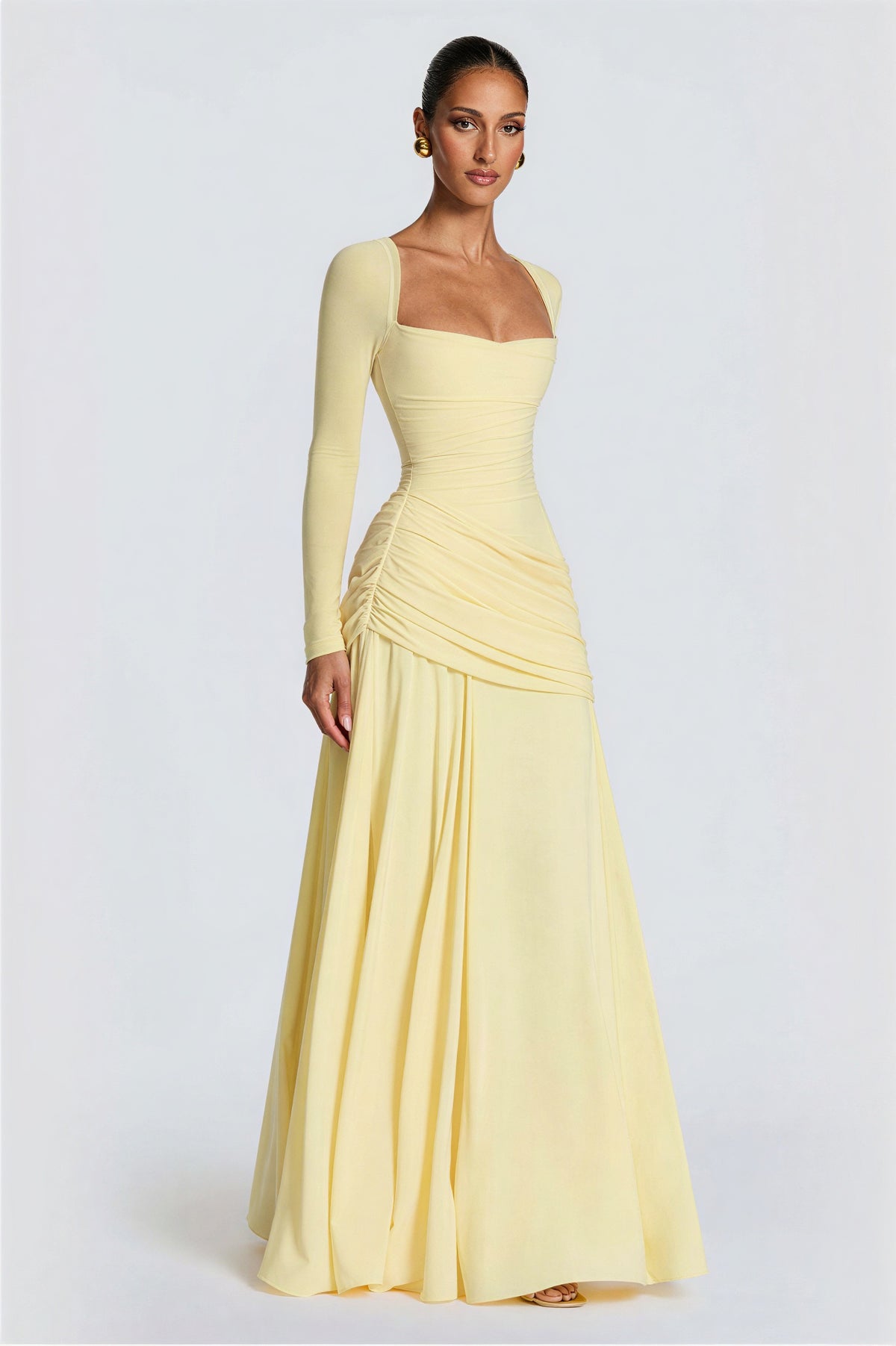 Square Collar Gathering Long Sleeve Maxi Dress