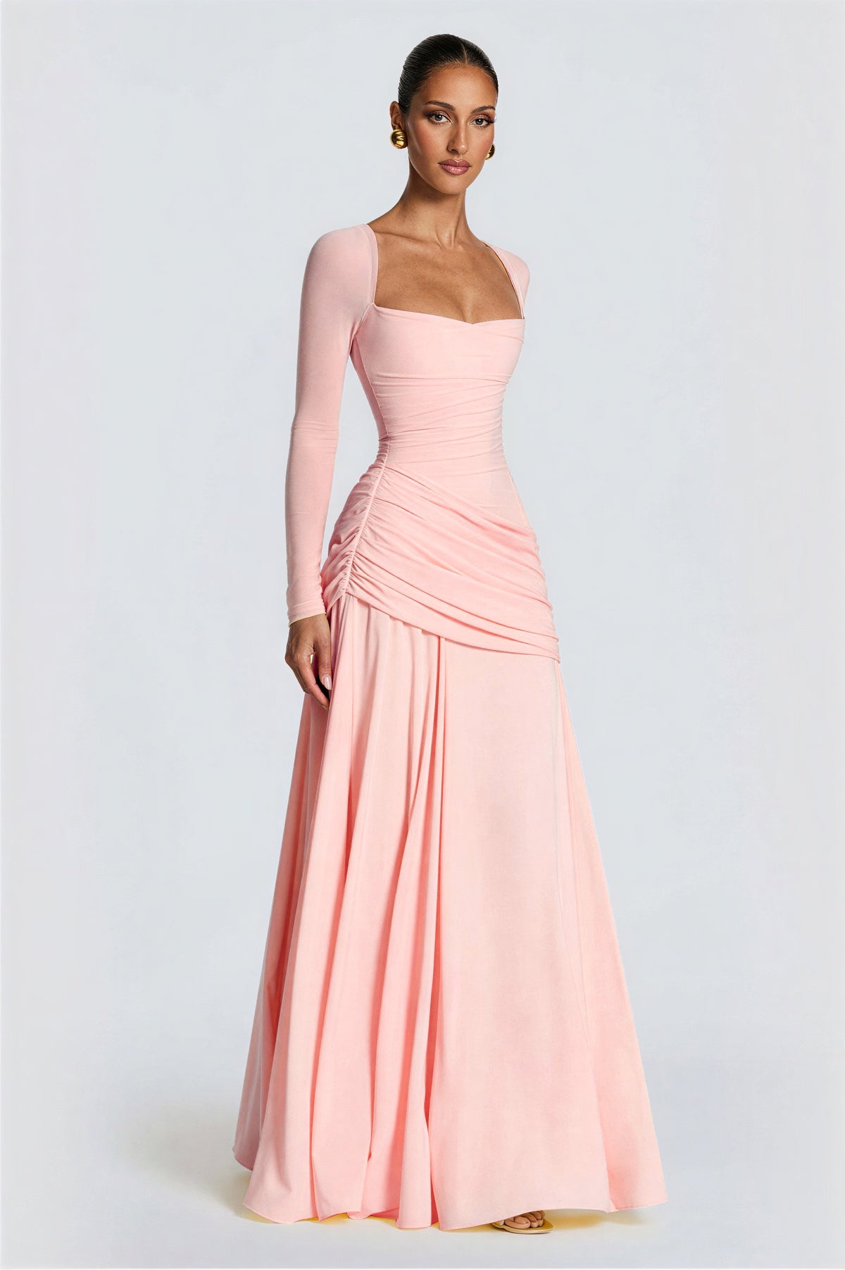 Square Collar Gathering Long Sleeve Maxi Dress