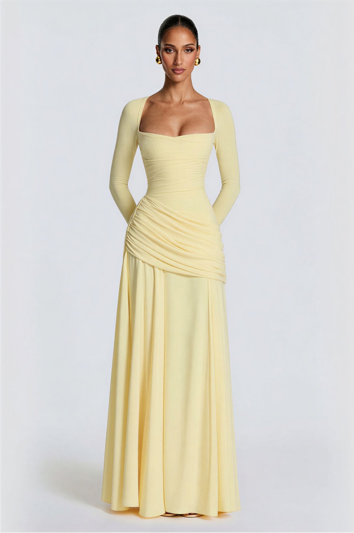 Square Collar Gathering Long Sleeve Maxi Dress