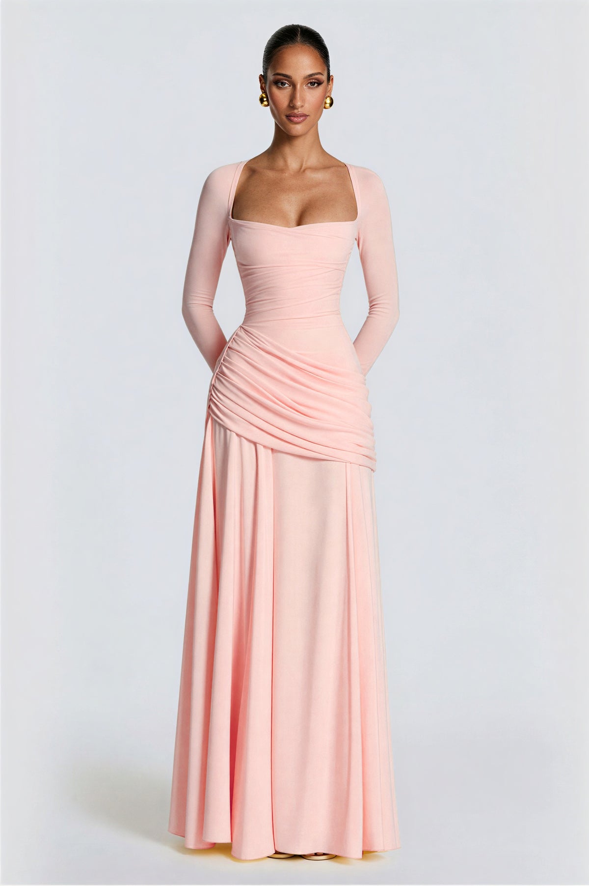 Square Collar Gathering Long Sleeve Maxi Dress