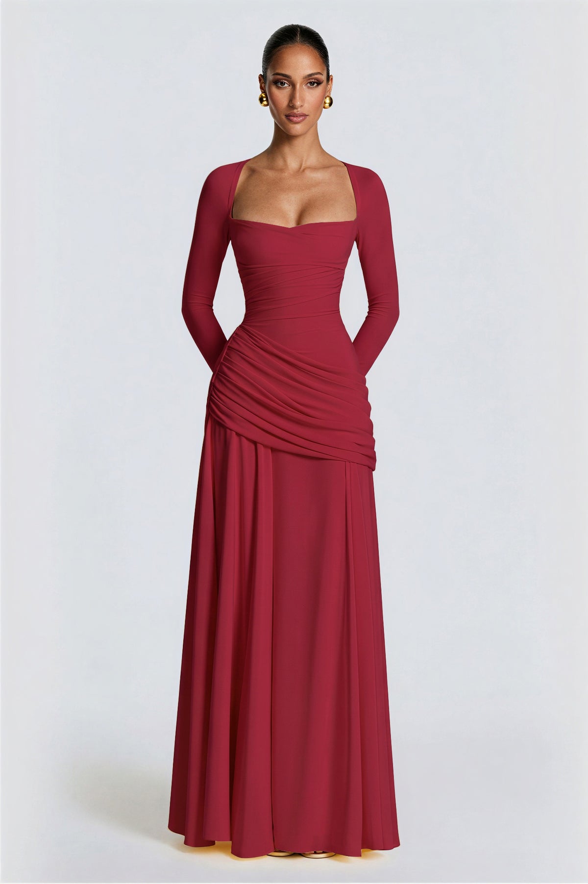 Square Collar Gathering Long Sleeve Maxi Dress