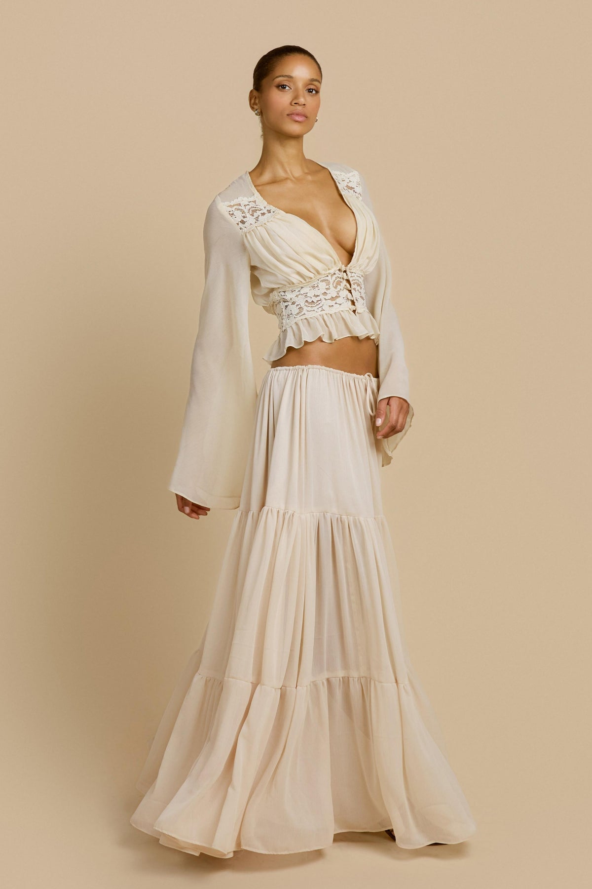 Lace Button Top & Mid Waist Maxi Skirt Set