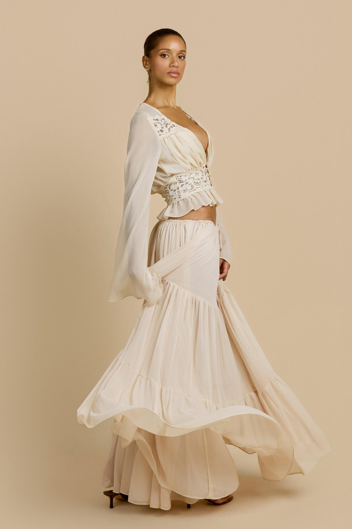 Lace Button Top & Mid Waist Maxi Skirt Set
