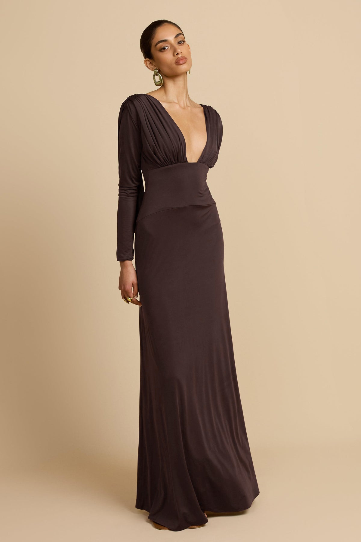 Solid V-Neck Gathering Maxi Dress