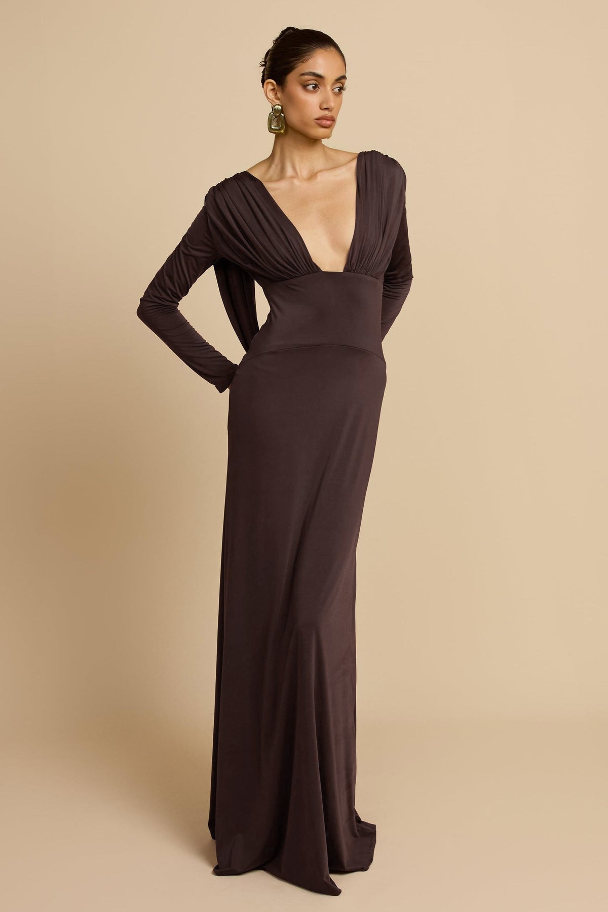 Solid V-Neck Gathering Maxi Dress
