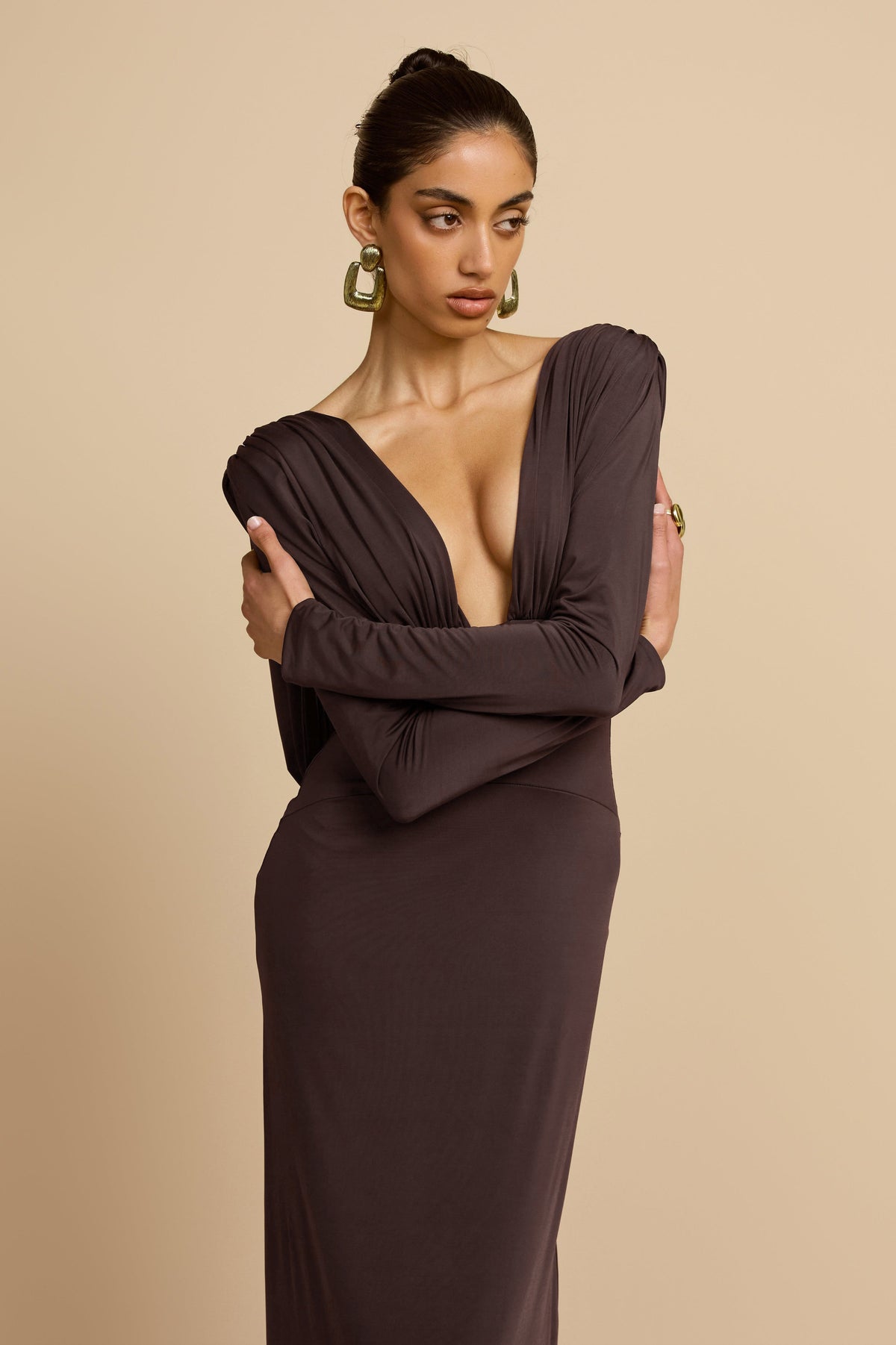 Solid V-Neck Gathering Maxi Dress