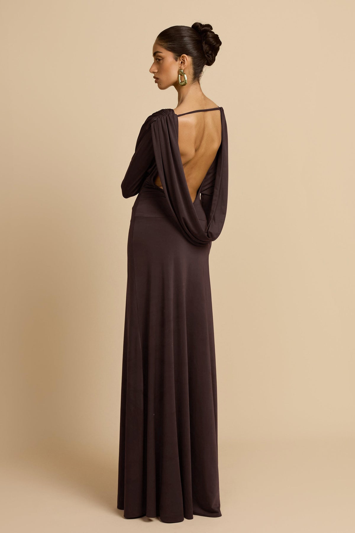Solid V-Neck Gathering Maxi Dress