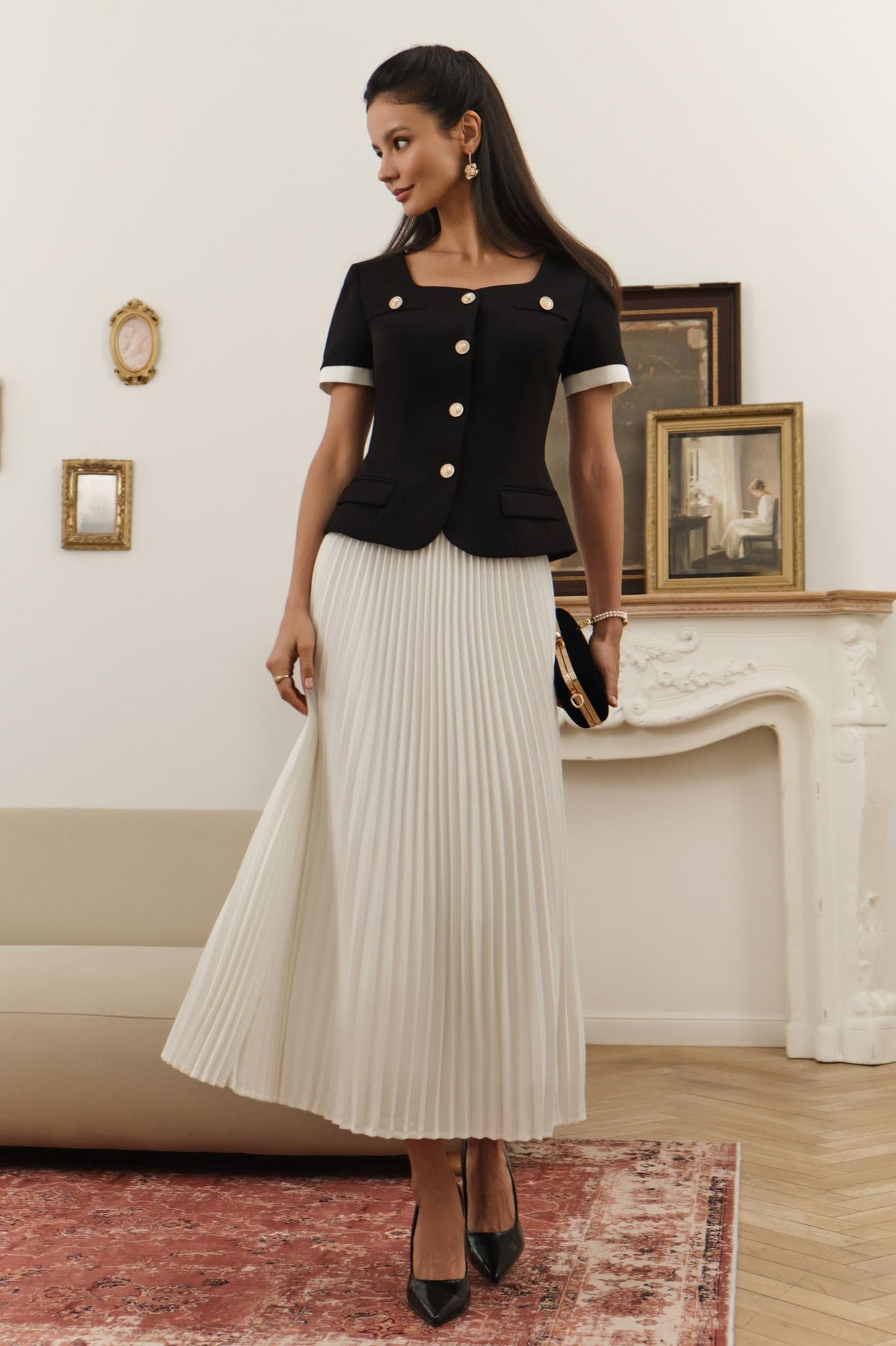 Contrast Color Button Top & Pleated Mid Waist Midi Skirt Set