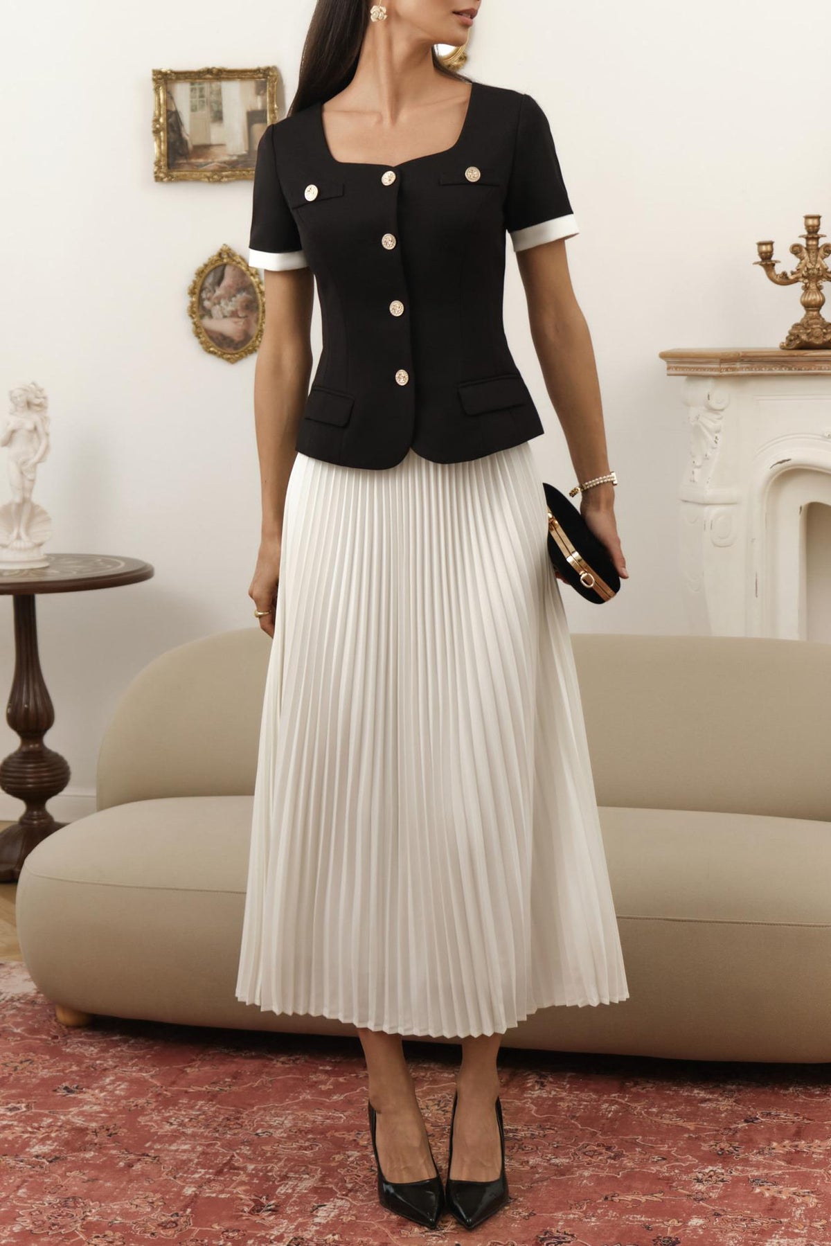Contrast Color Button Top & Pleated Mid Waist Midi Skirt Set