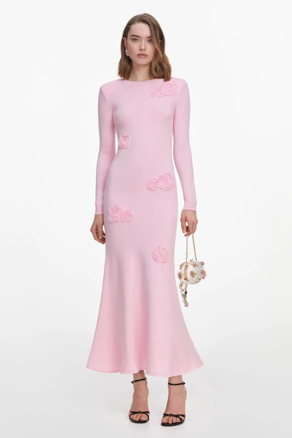 Knit Long Sleeve 3D Flower Midi Dress