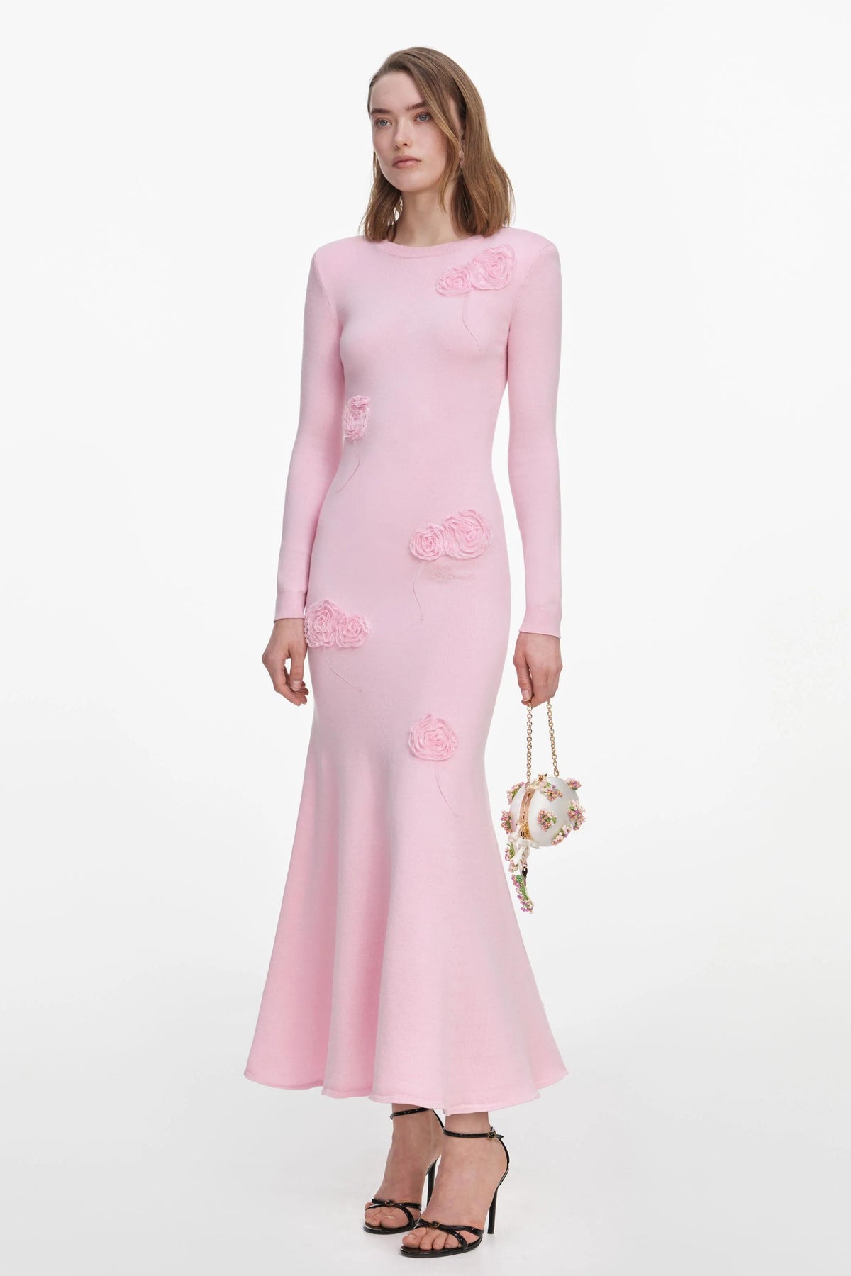 Knit Long Sleeve 3D Flower Midi Dress