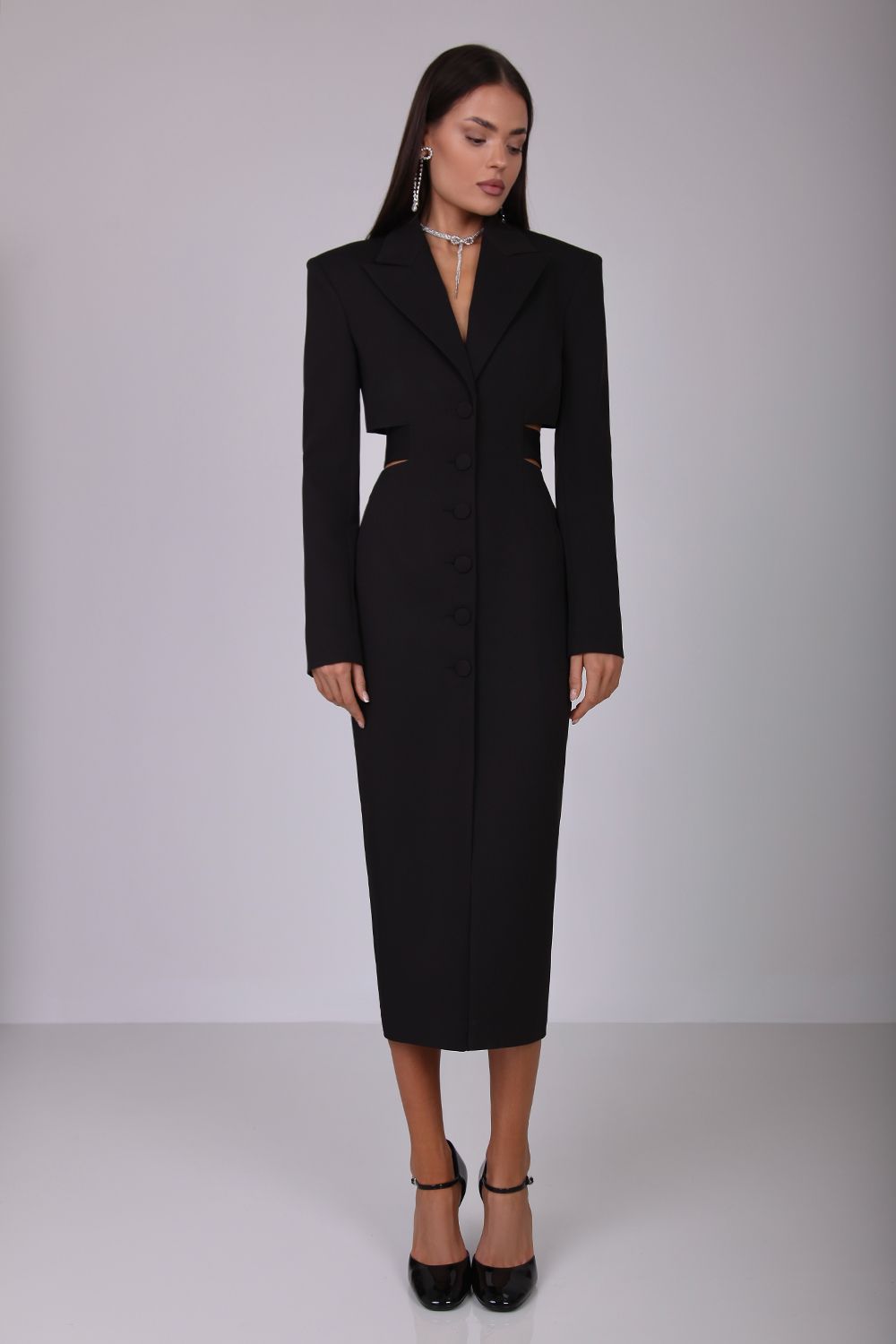 Solid Flapped Single Breasted Midi Dress
