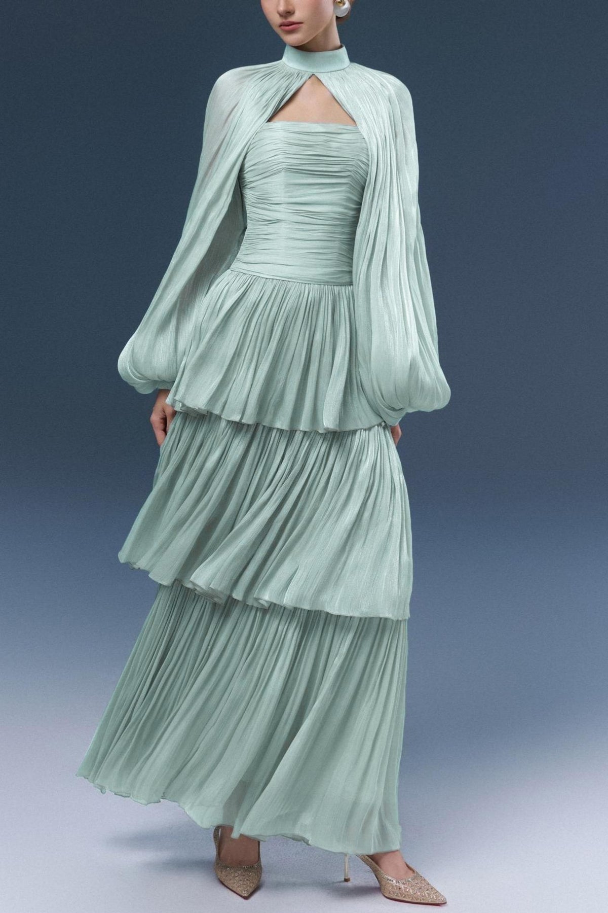 High Neck Lantern Sleeve Ruffle Midi Dress