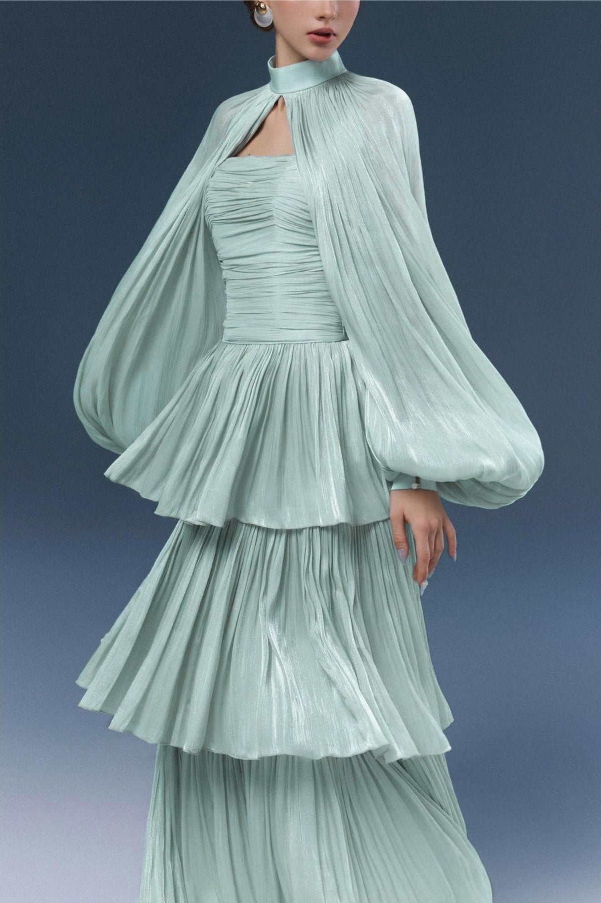 High Neck Lantern Sleeve Ruffle Midi Dress