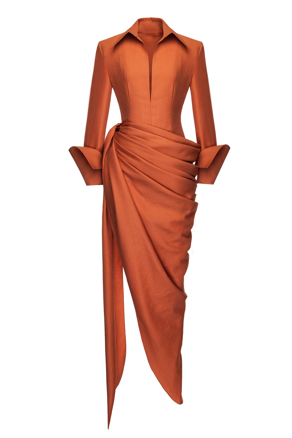 Flapped Ruched Slit Midi Dress