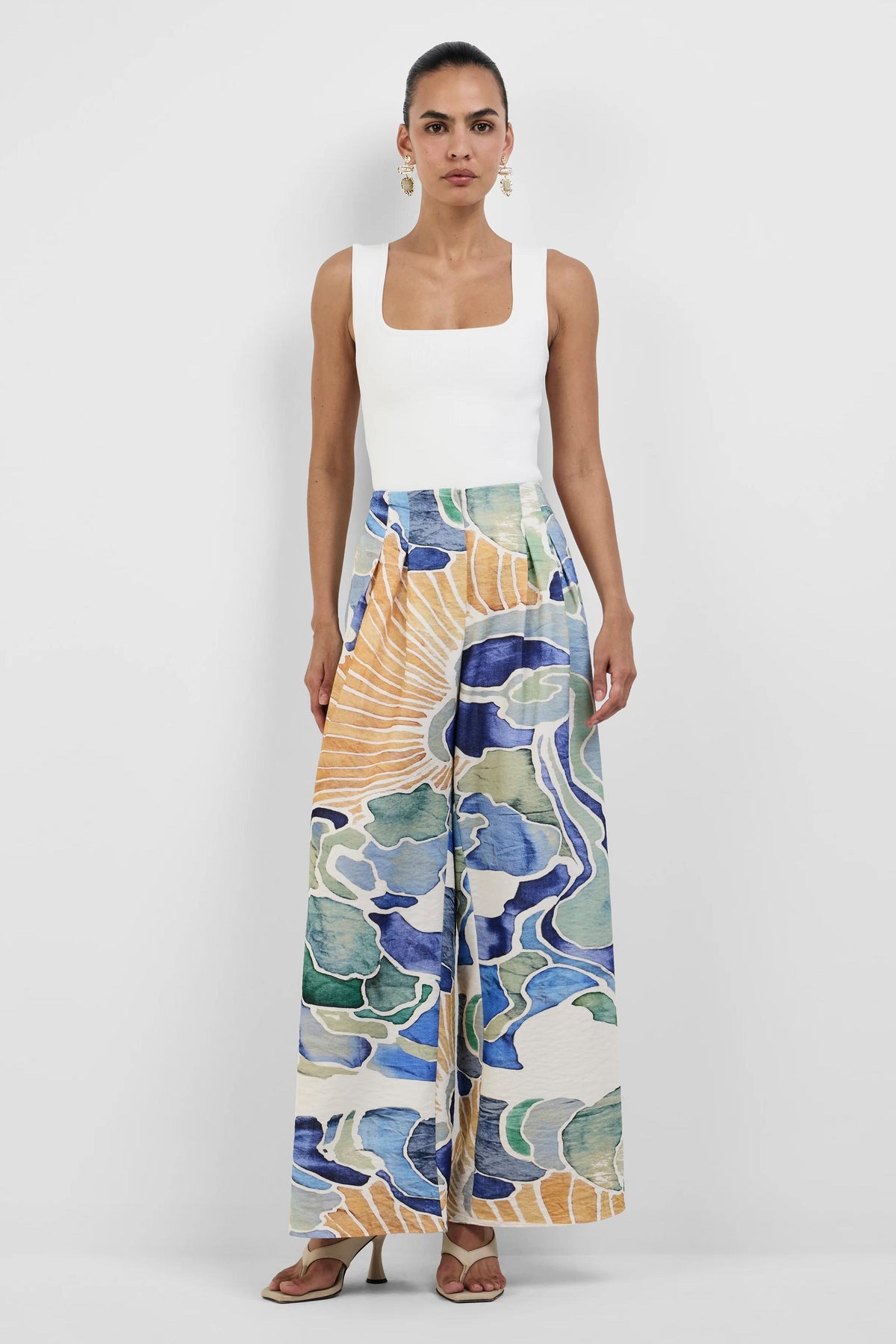 Abstract Print Blouse & High Waist Wide Leg Pants Set