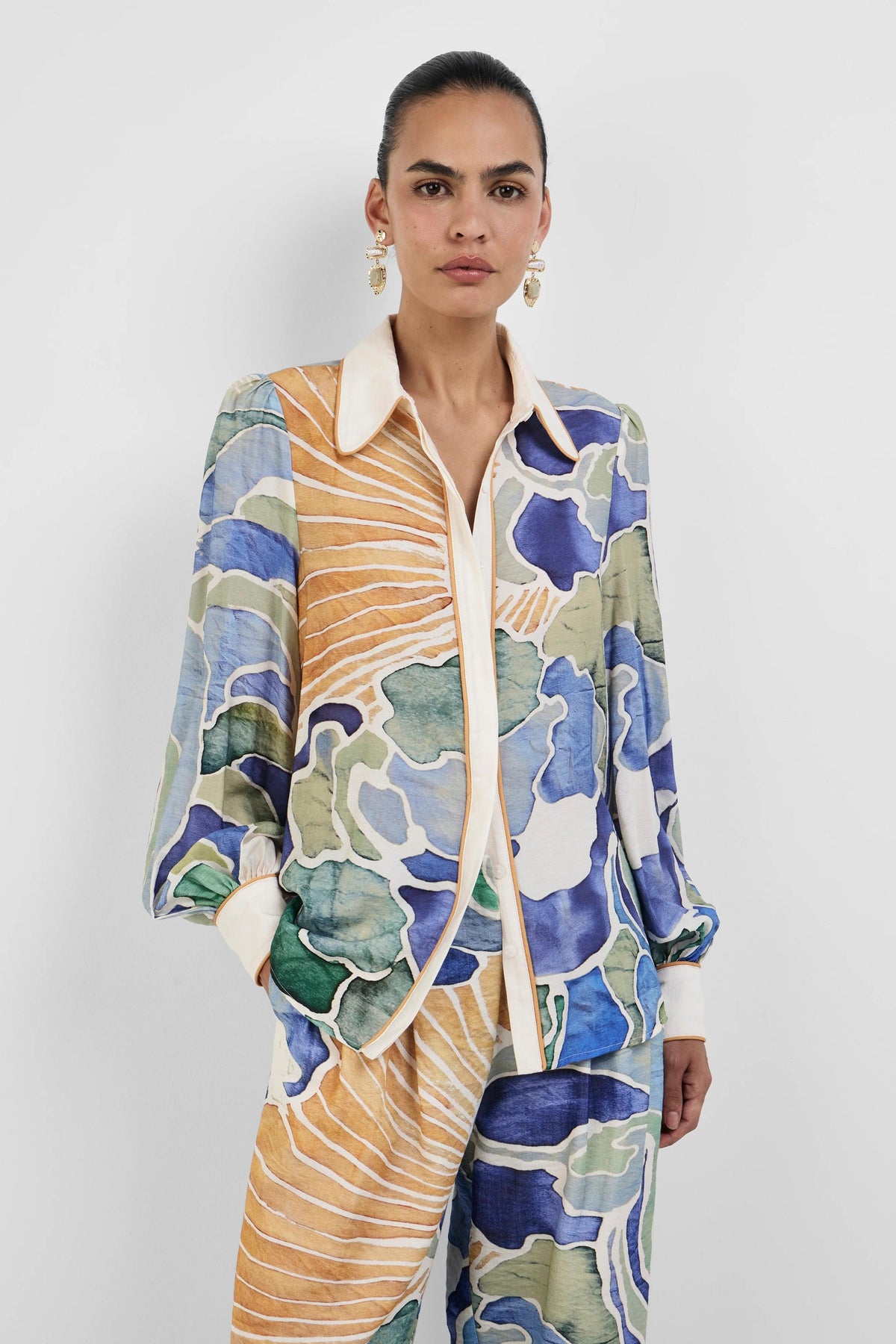 Abstract Print Blouse & High Waist Wide Leg Pants Set