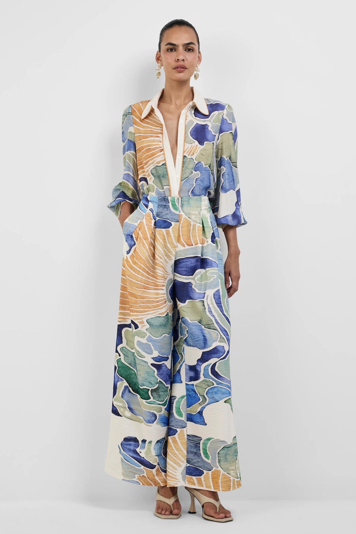 Abstract Print Blouse & High Waist Wide Leg Pants Set