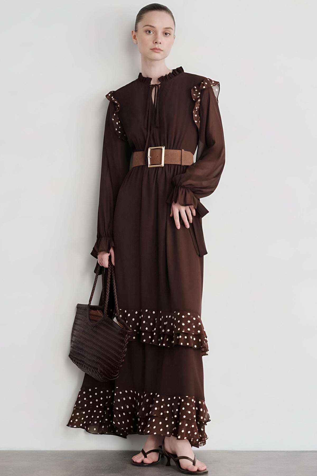 Polka Dot Gathering Lace-Up Midi Dress