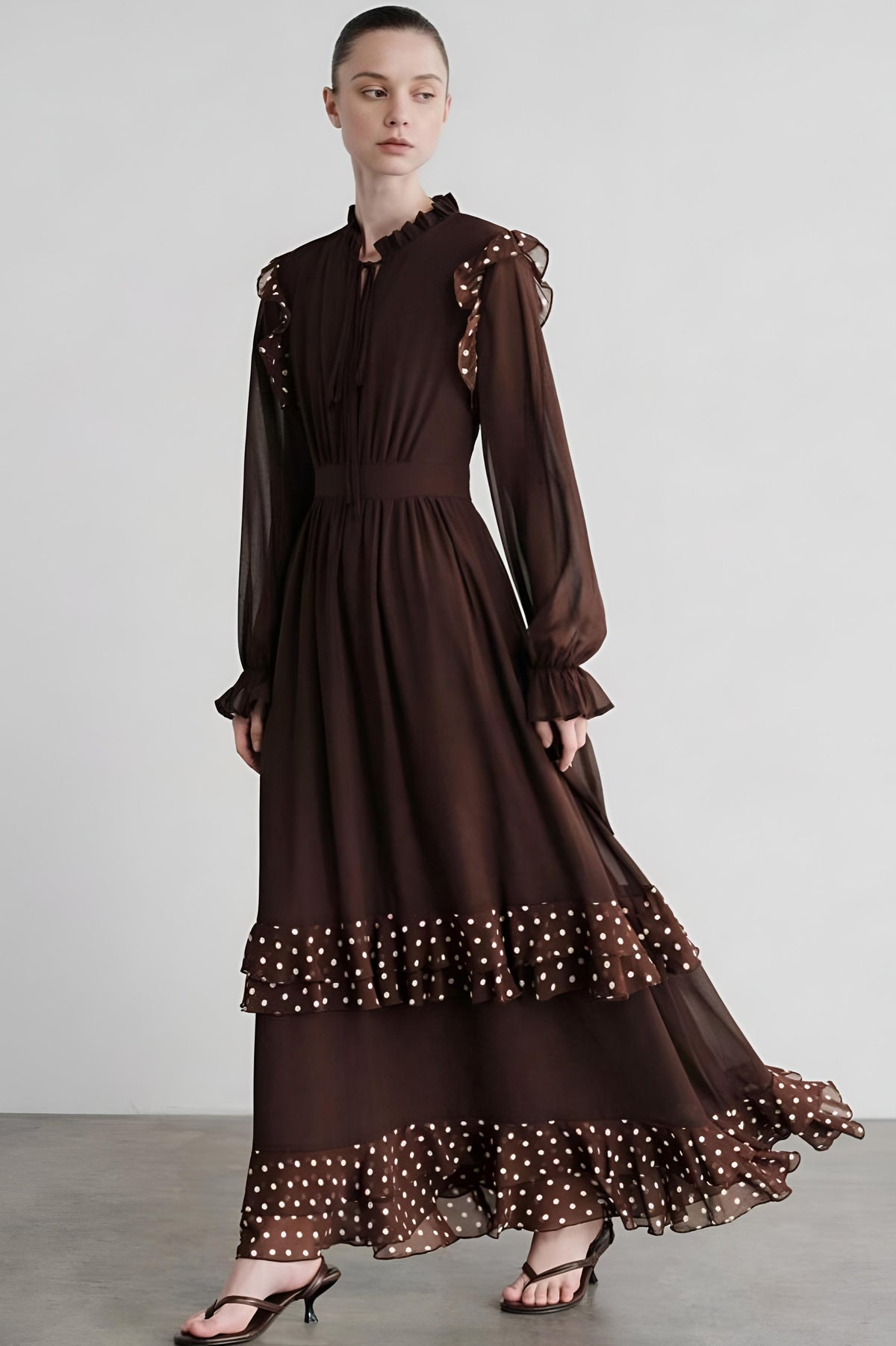 Polka Dot Gathering Lace-Up Midi Dress