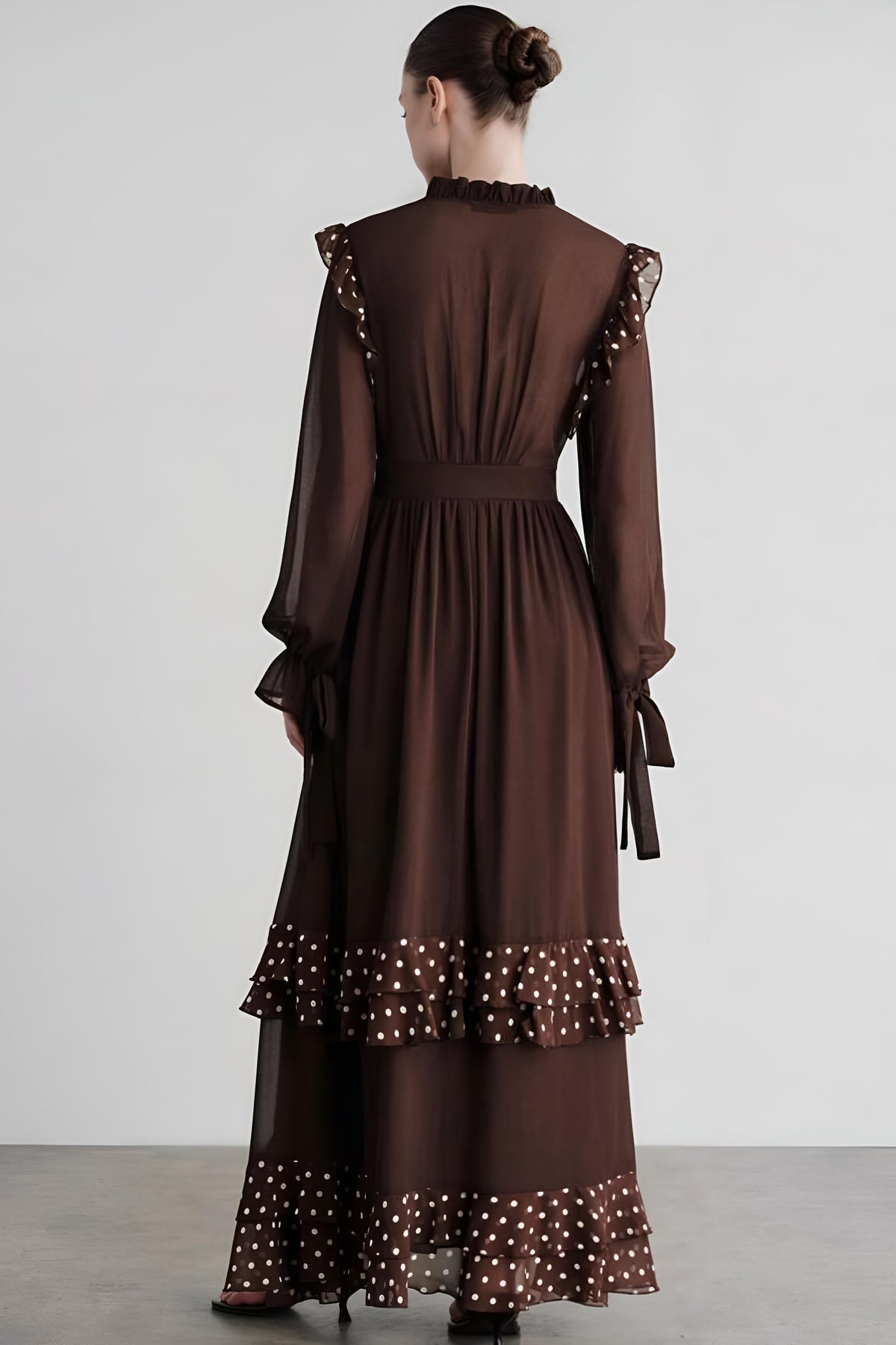 Polka Dot Gathering Lace-Up Midi Dress