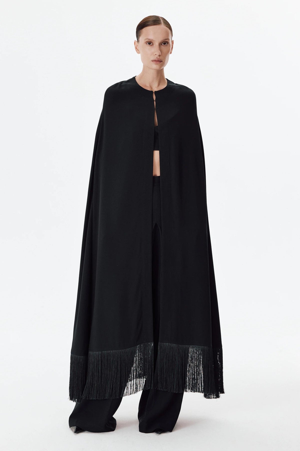  Solid Tassel Hem Long Cape