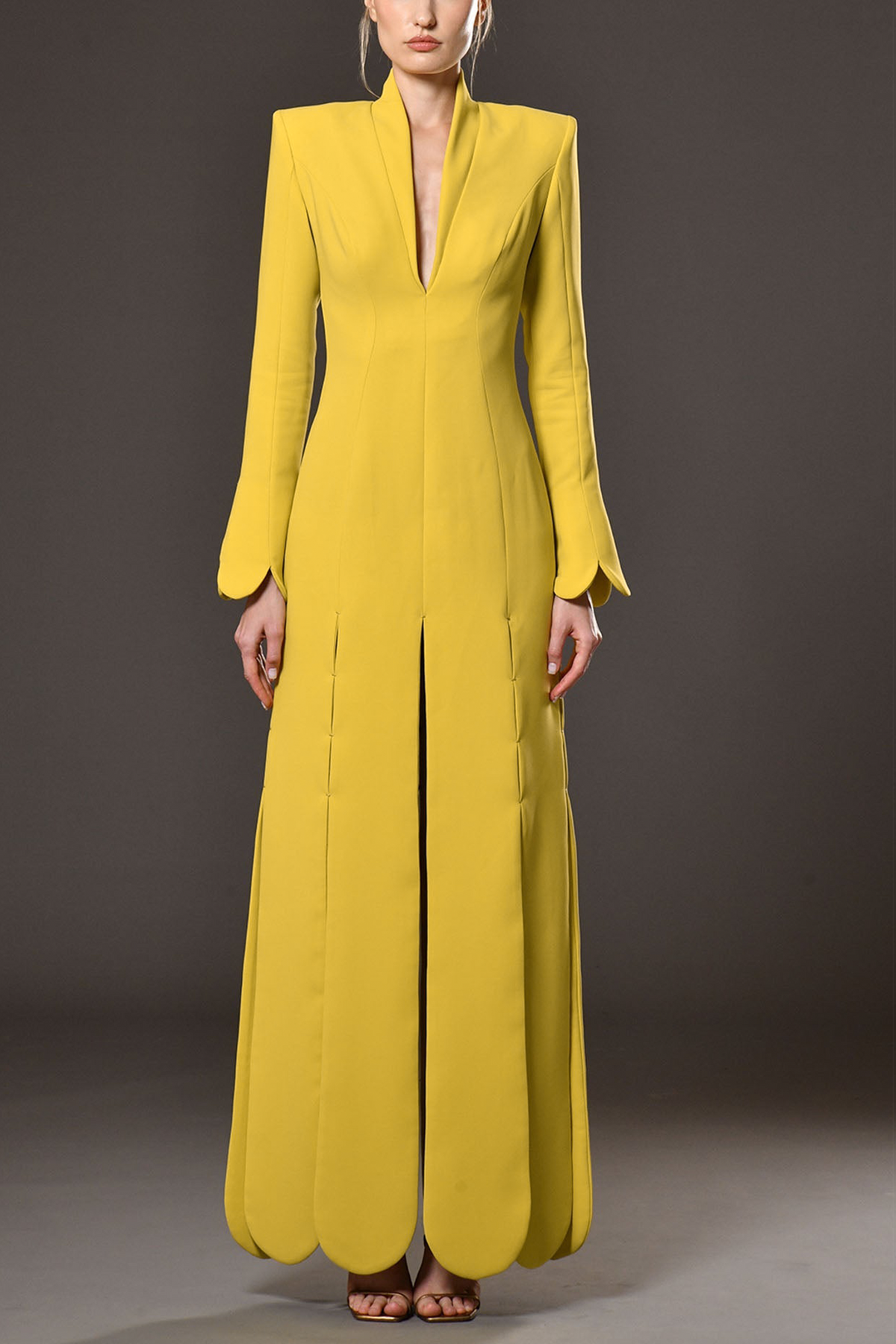  V-Neck Petal Sleeves Scalloped Hem Maxi Dress