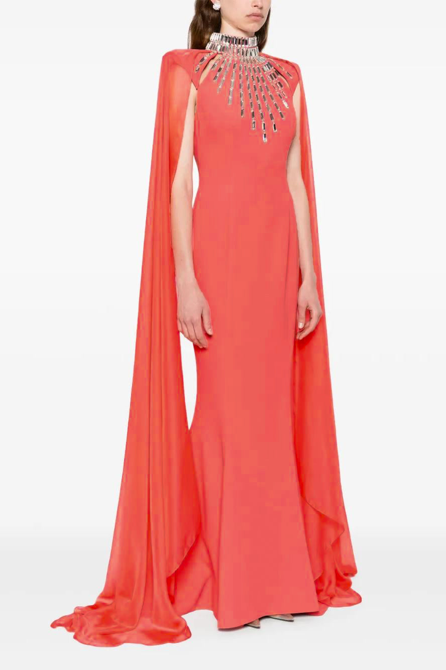 Rhinestone Rivets Cape Stand Collar Maxi Dress