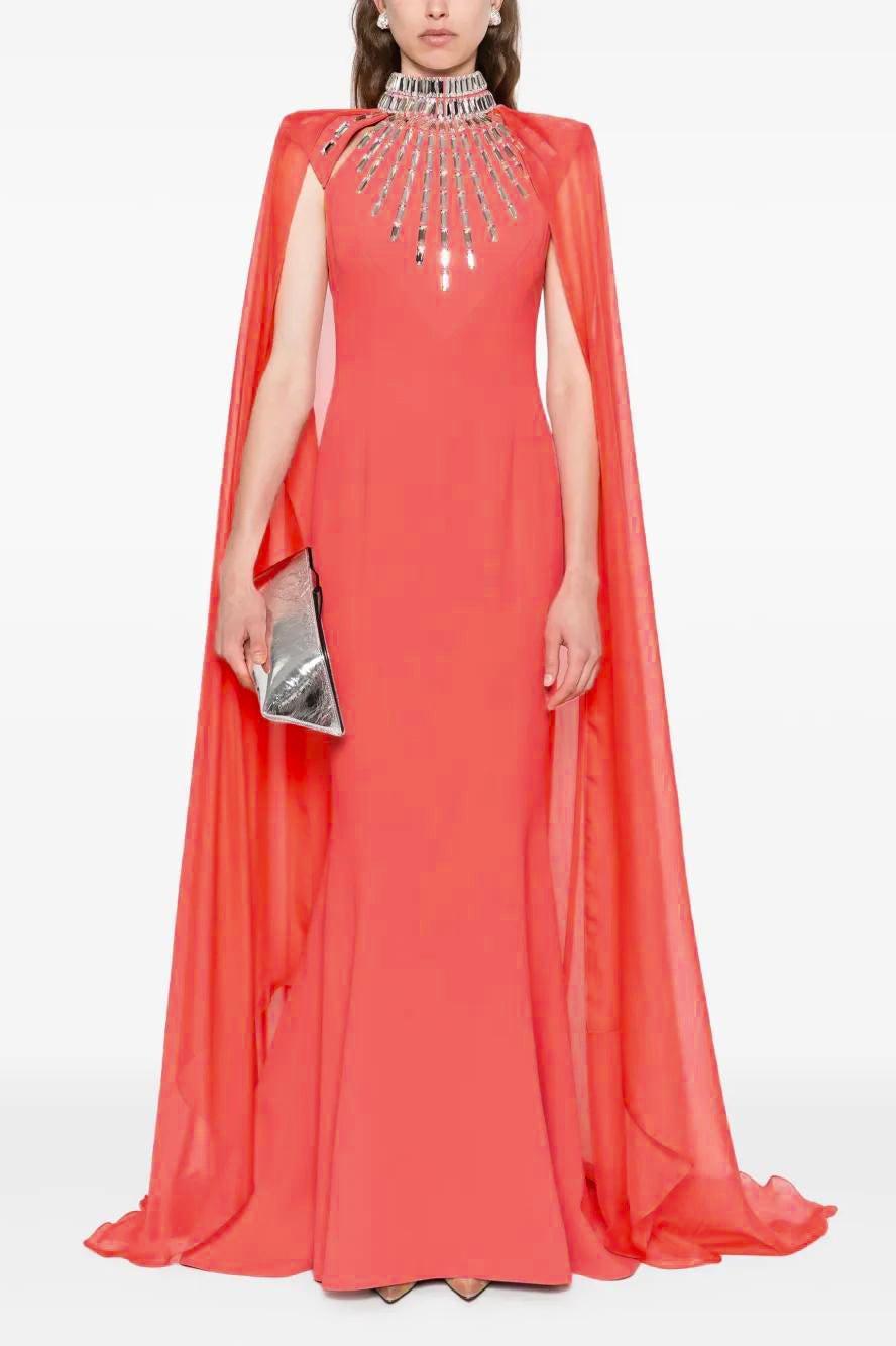 Rhinestone Rivets Cape Stand Collar Maxi Dress