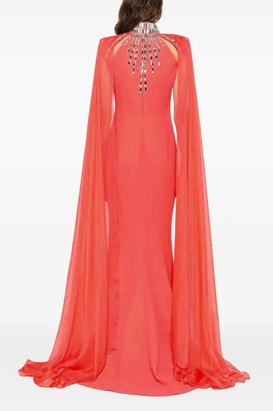 Rhinestone Rivets Cape Stand Collar Maxi Dress