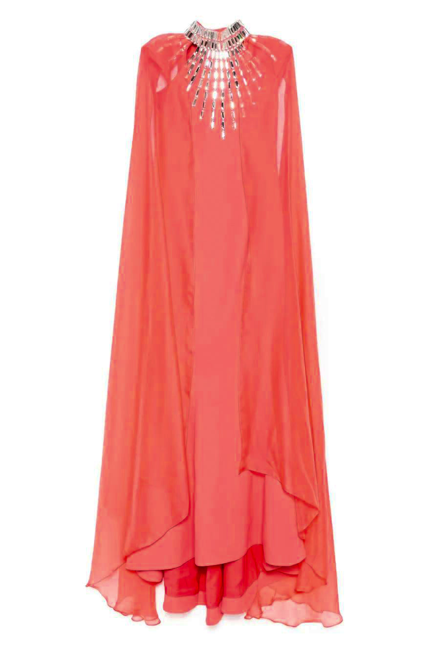 Rhinestone Rivets Cape Stand Collar Maxi Dress