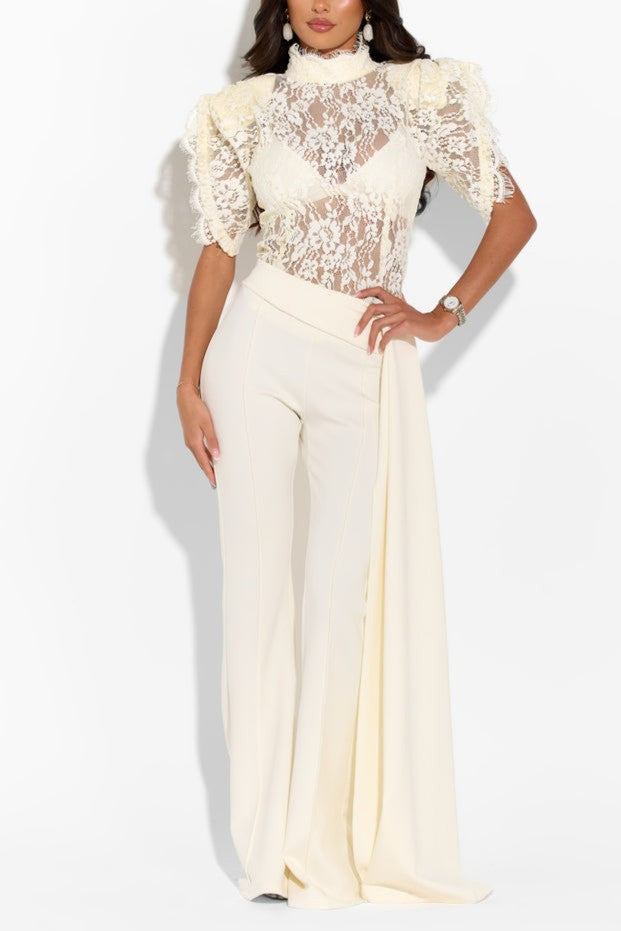 Lace Stand Collar Top & High Waist  Pants Set