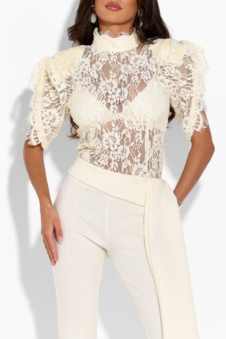 Lace Stand Collar Top & High Waist  Pants Set