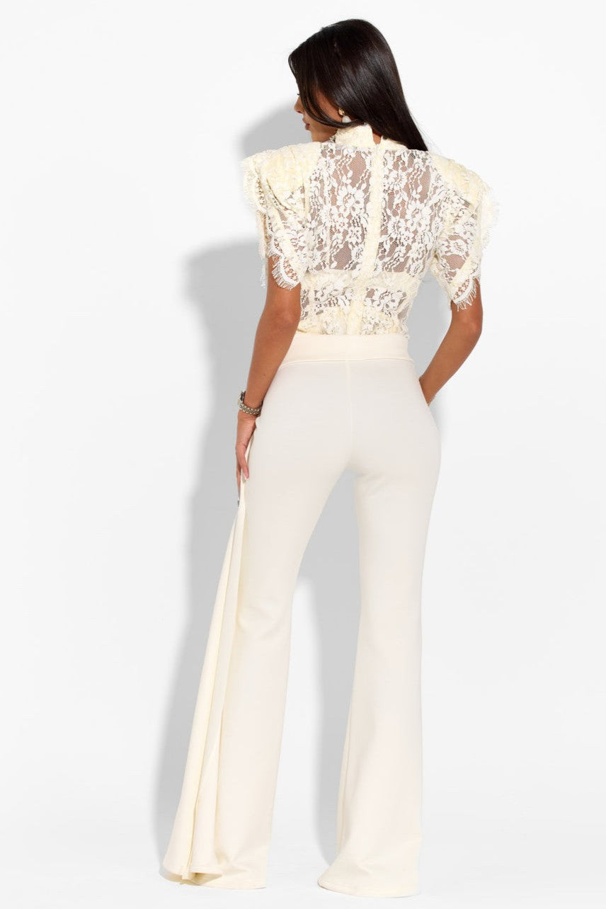 Lace Stand Collar Top & High Waist  Pants Set