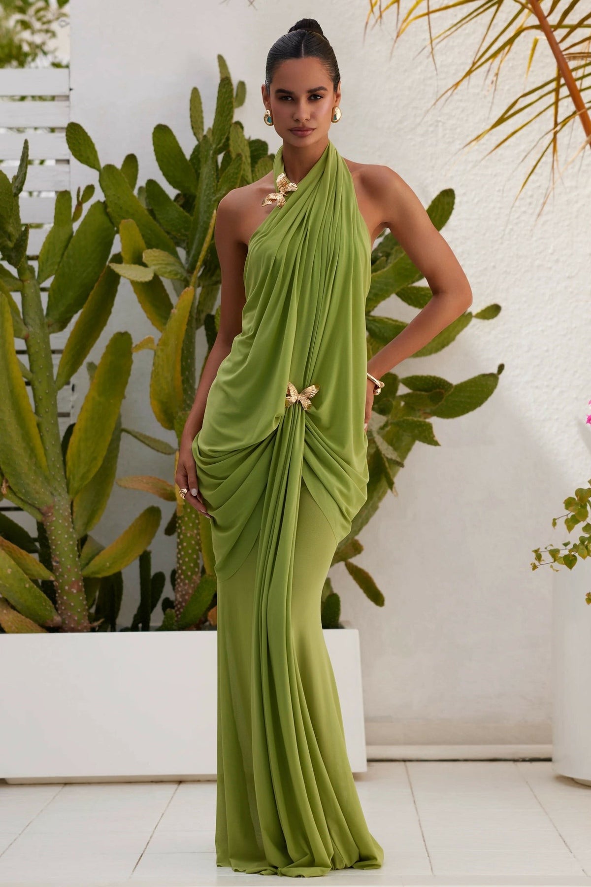 Halter Neck Metal Decorations Gathering Maxi Dress