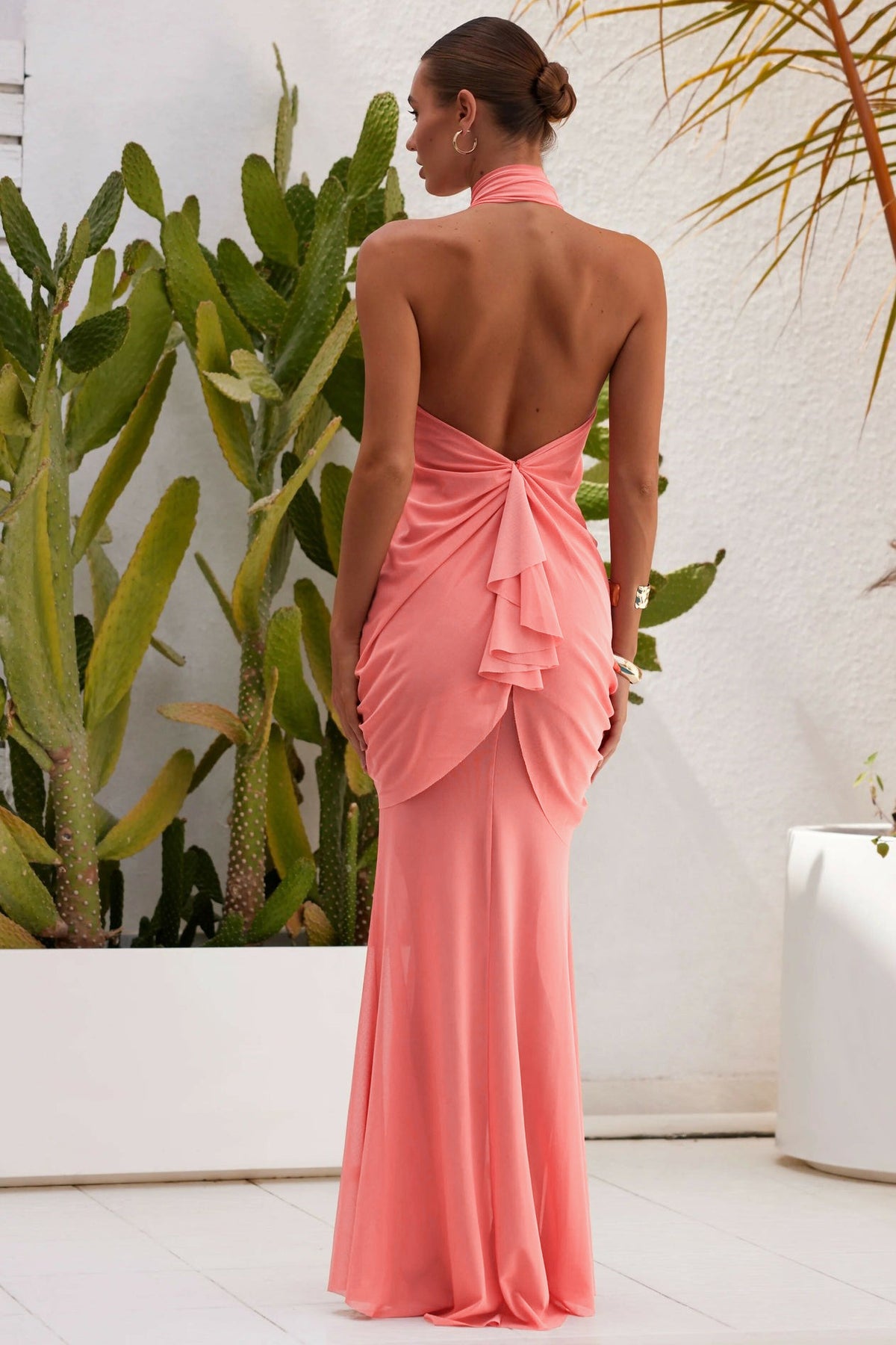 Halter Neck Metal Decorations Gathering Maxi Dress