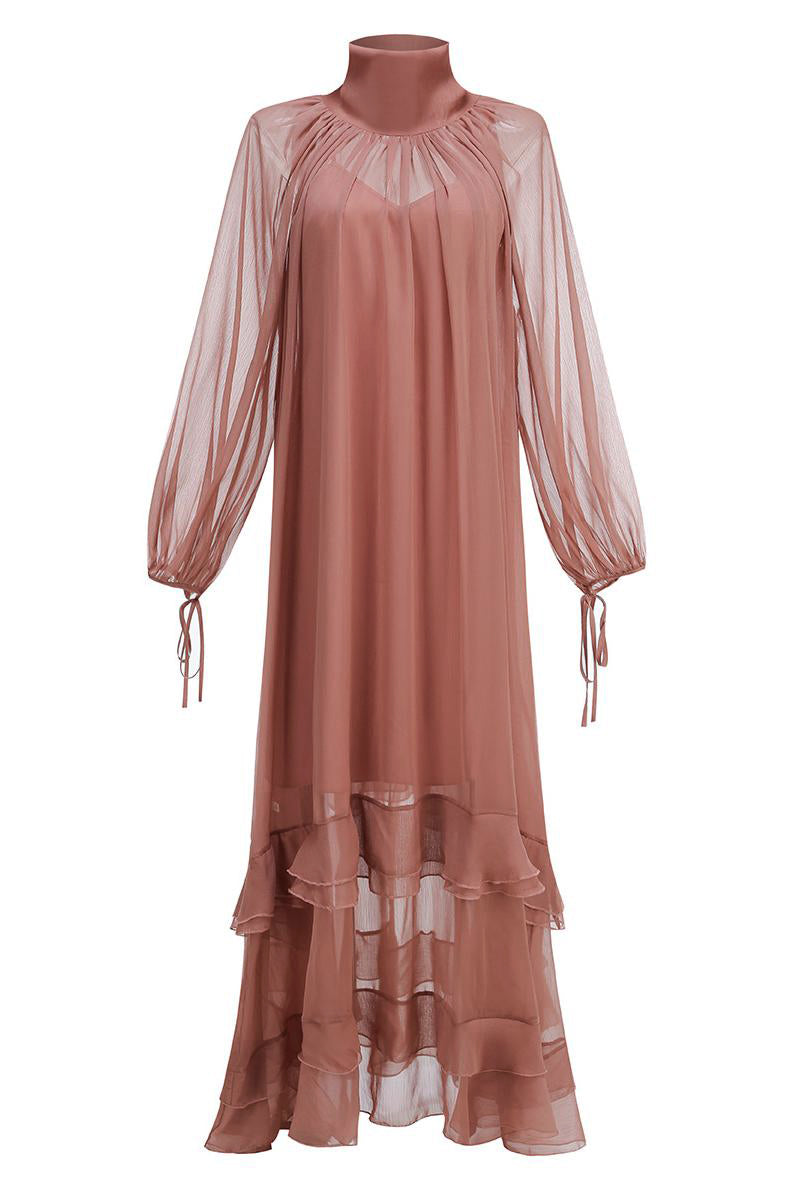 Ruffle High Neck Gathering Maxi Dress