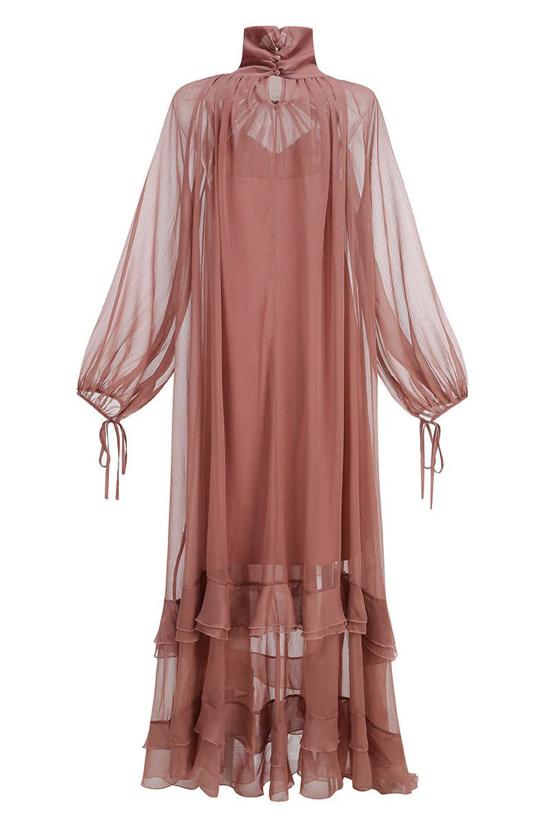 Ruffle High Neck Gathering Maxi Dress
