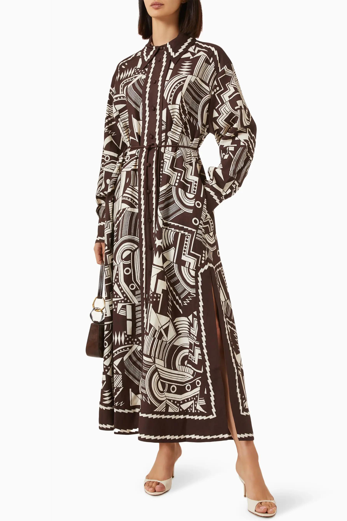 Geometric Patterns Shirt Collar Midi Dress With Belt
