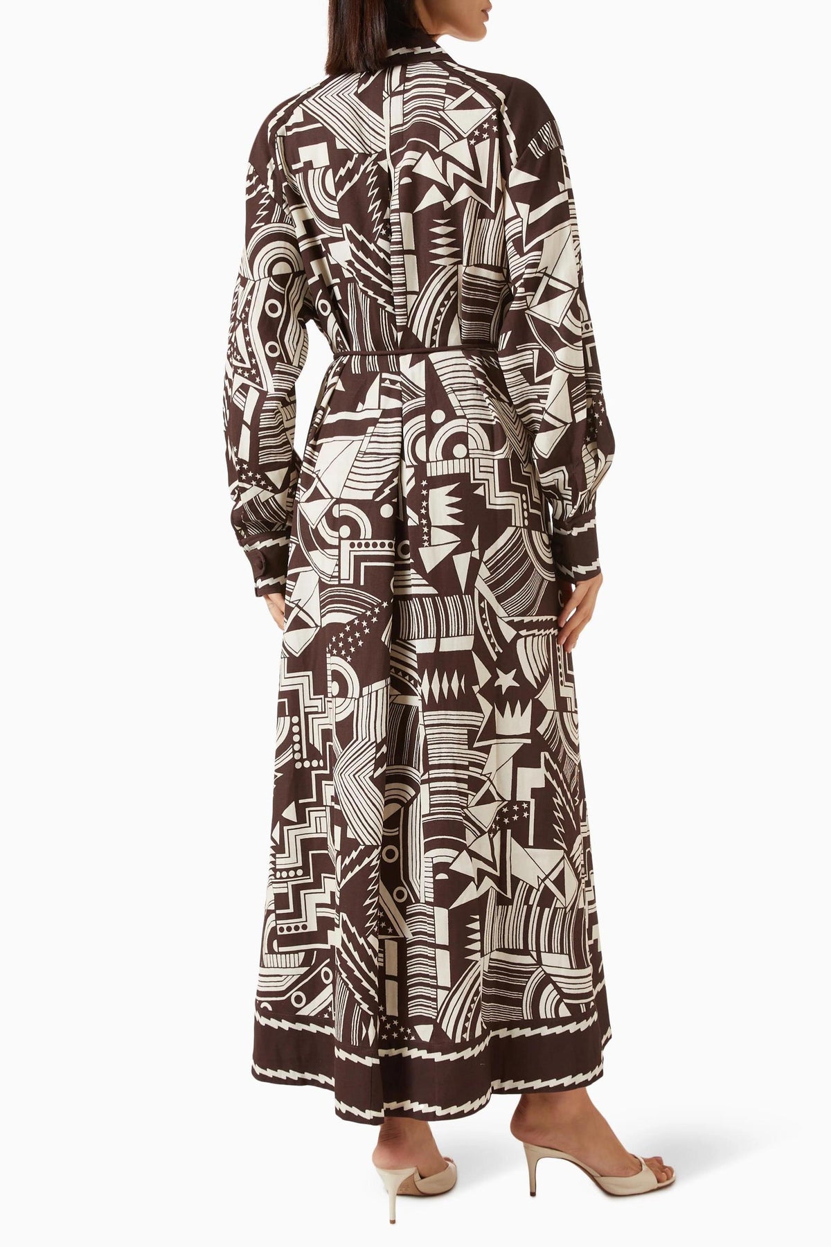 Geometric Patterns Shirt Collar Midi Dress With Belt