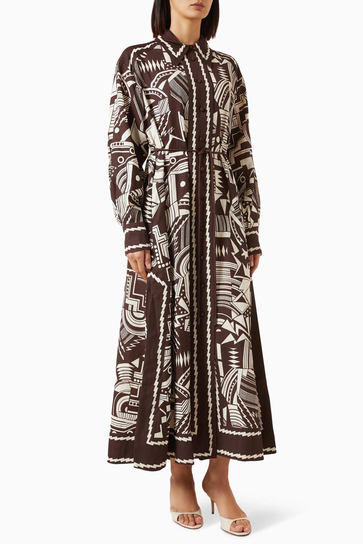 Geometric Patterns Shirt Collar Midi Dress With Belt