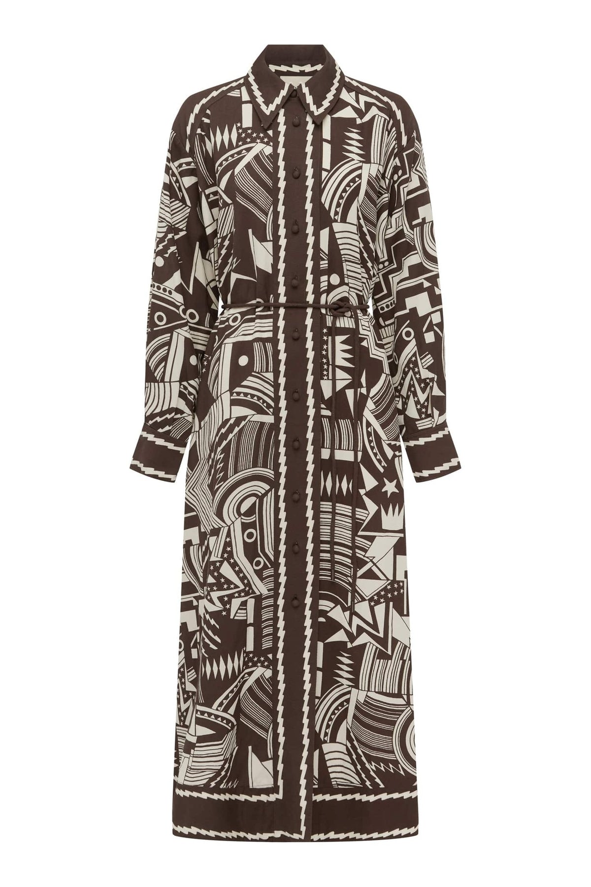 Geometric Patterns Shirt Collar Midi Dress With Belt