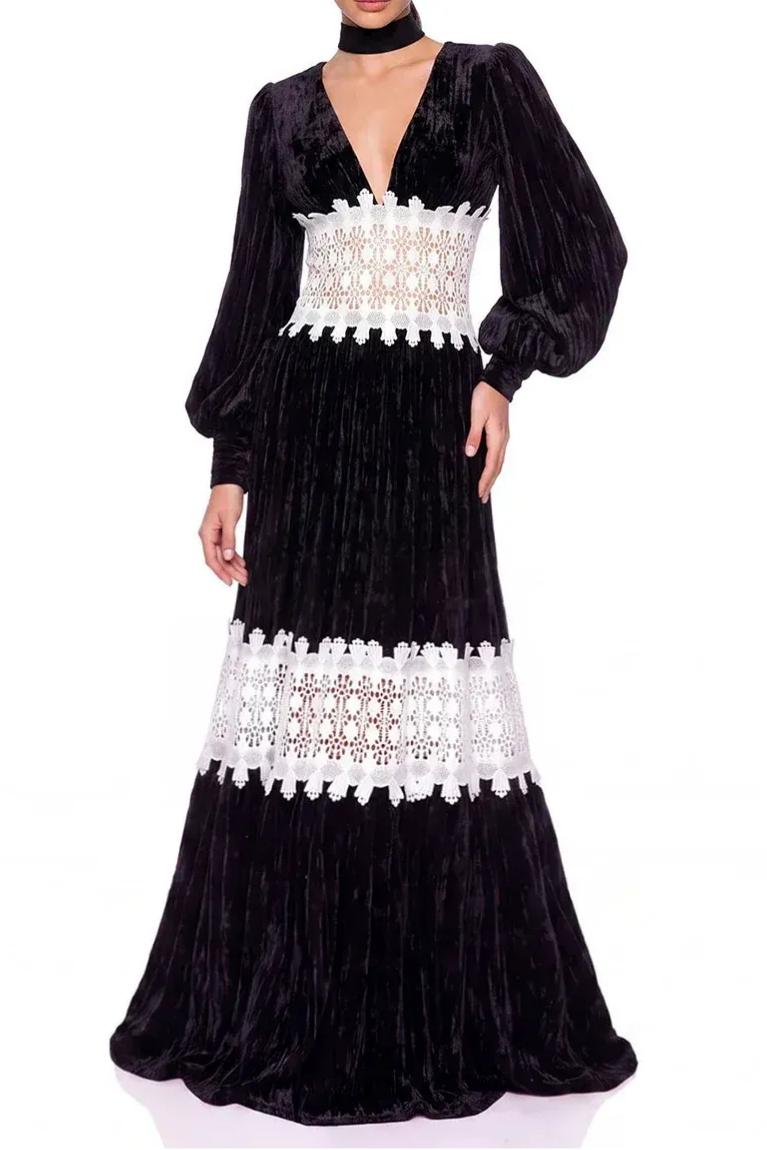 V-Neck Lace Splicing Midi Dress