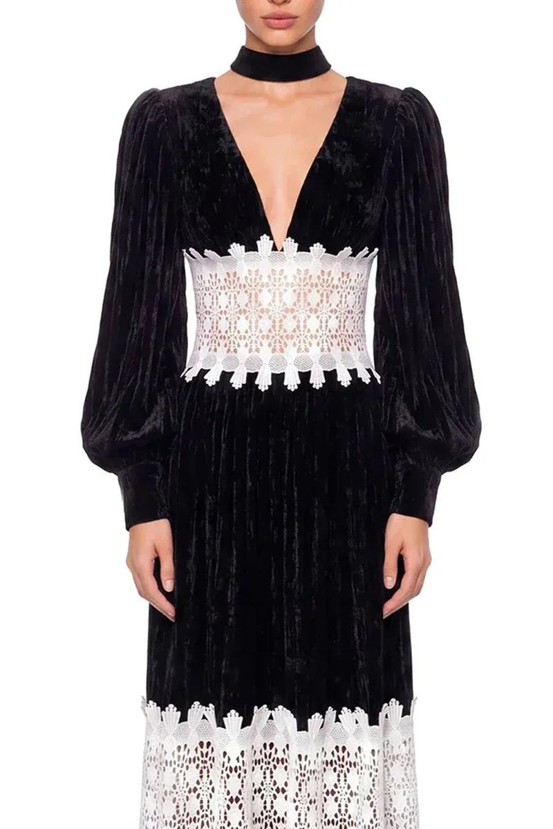 V-Neck Lace Splicing Midi Dress