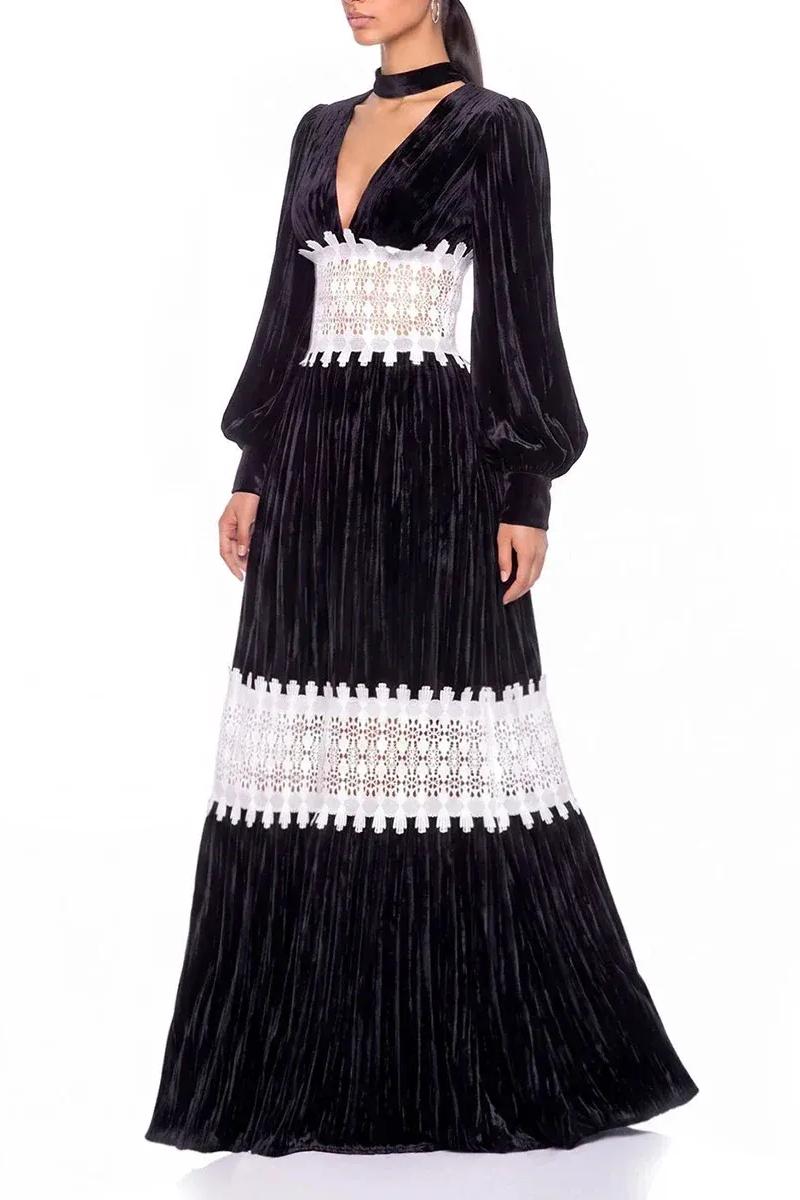 V-Neck Lace Splicing Midi Dress