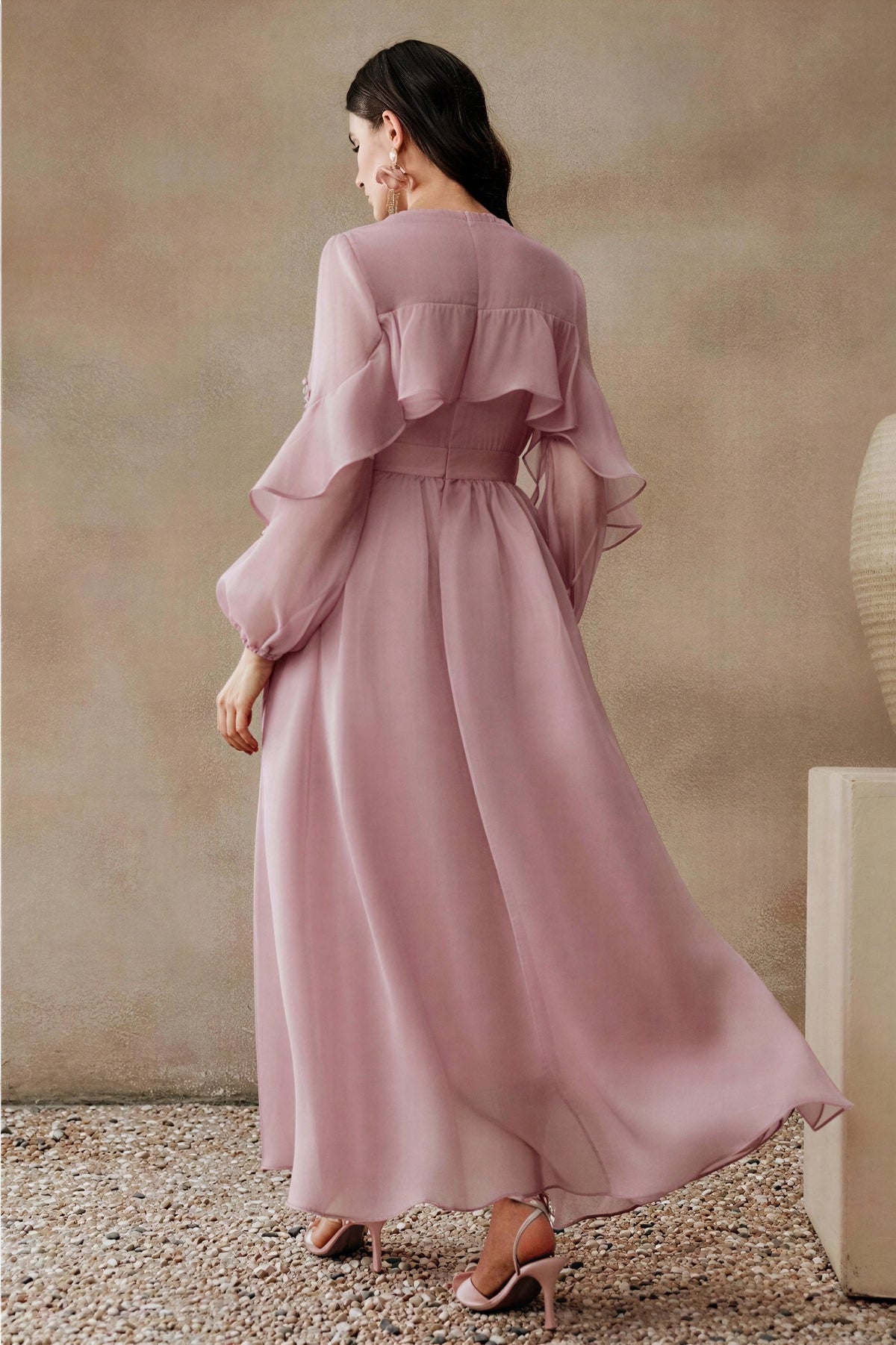 Rhinestone Rivets Long Sleeve Ruffle Midi Dress
