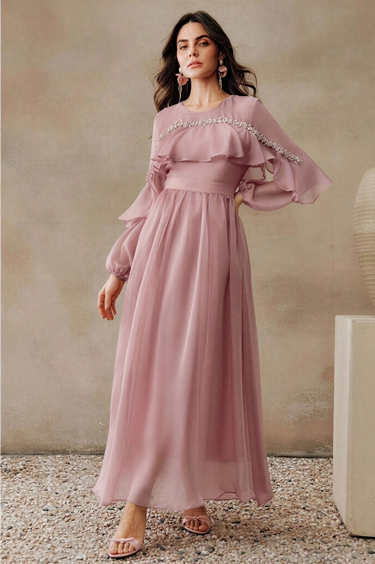 Rhinestone Rivets Long Sleeve Ruffle Midi Dress