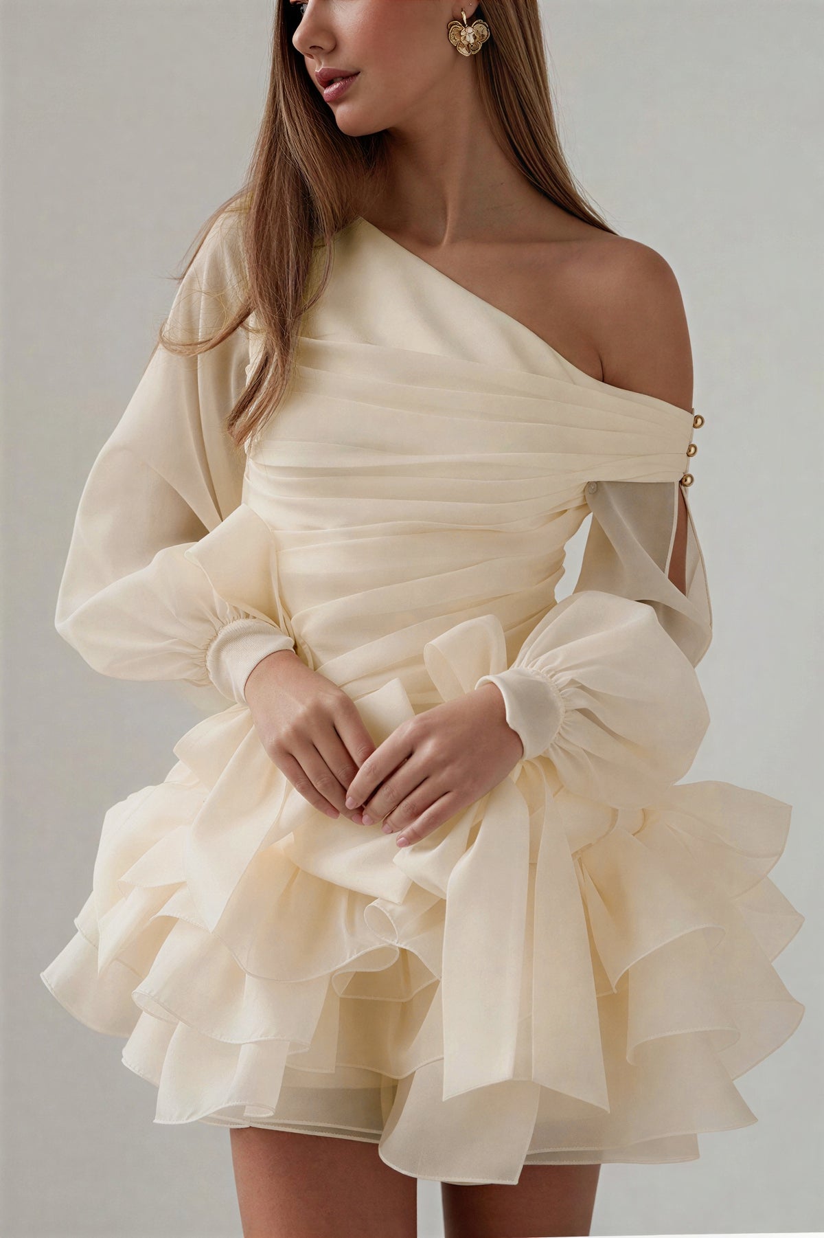 Bow Pleated One Shoulder Mini Dress