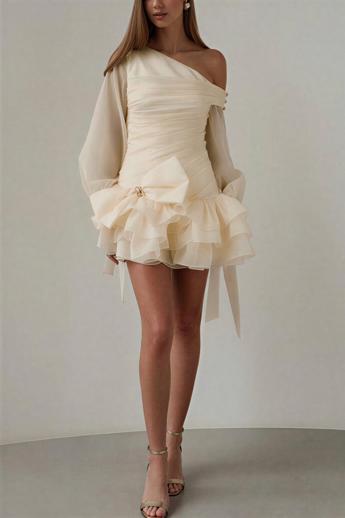 Bow Pleated One Shoulder Mini Dress