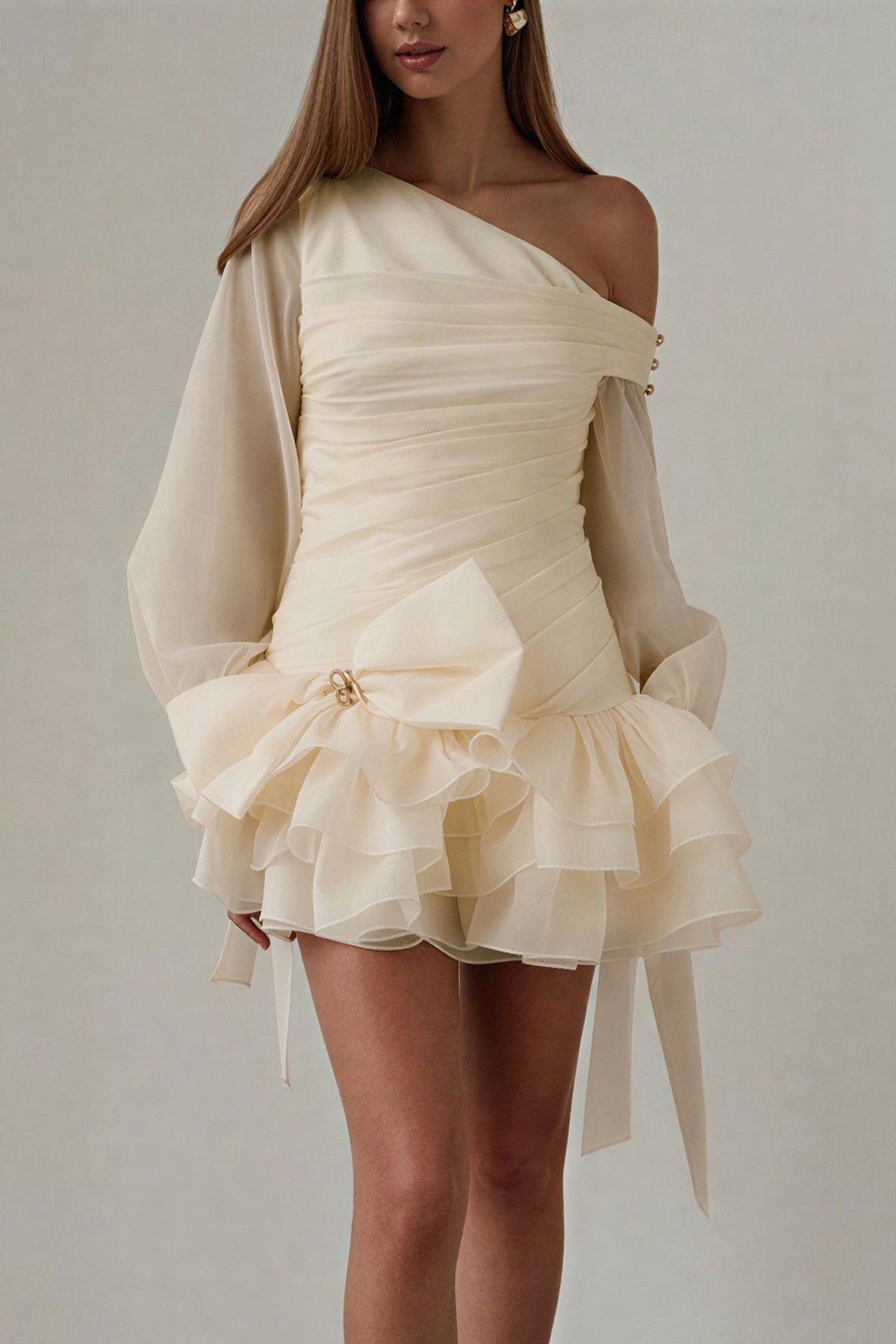 Bow Pleated One Shoulder Mini Dress
